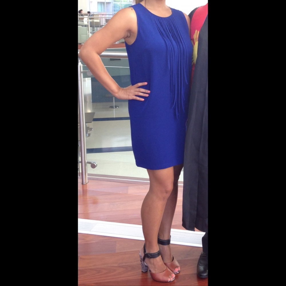 Blue shift dress with fringe